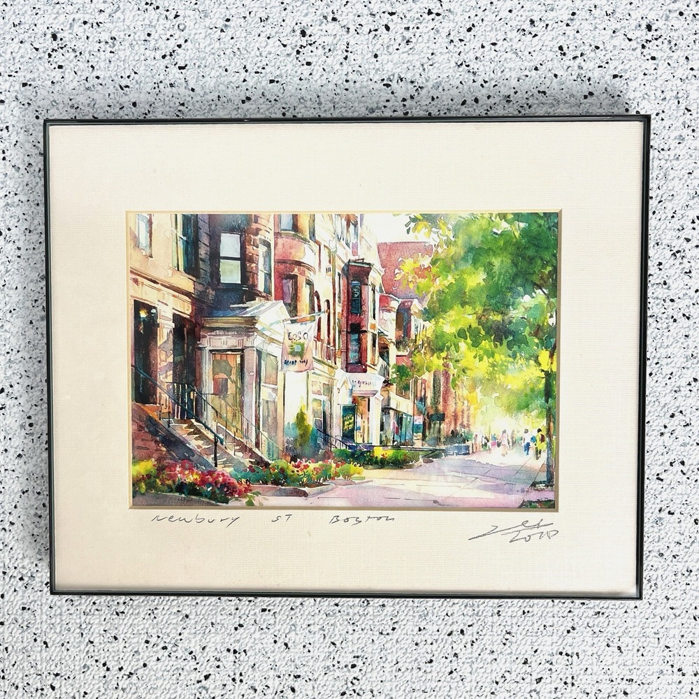 Watercolor Art Print Newbury‎ Street Boston MA Signed Matted Framed 8x10
